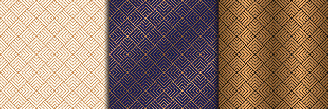 Luxury gold geometric seamless pattern geometric with overlapped square rhombus and striped line ,vector background for card, textile, packaging, branding.