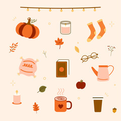 Ensemble vectoriel d'icônes d'autome et d'illustrations d'automne : lunettes, bougie, lanterne, lanterne, citrouilles, potiron, feuilles qui tombent, glands, feuilles morts, chocolat chaud, pomme.