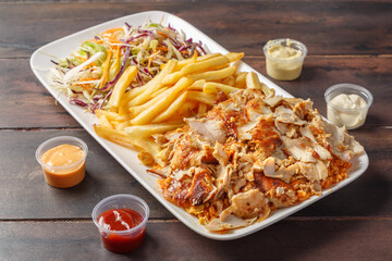 Assiette kebab avec des frites, légumes et sauces. Restauration rapide. Spécialité turque.