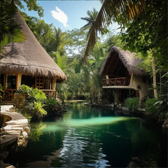 Fototapeta na wymiar jungle inspired futuristic maya thatched hut villas and orchards of exotic fruits and cacao 