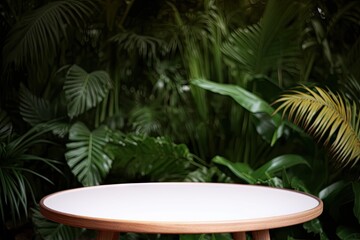 Obraz premium Tropical tranquility. Verdant oasis. Empty wooden table with green paradise. Nature haven of relaxation. Jungle retreat. Embracing wild beauty