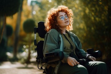 Woman electric wheelchair. Generate Ai