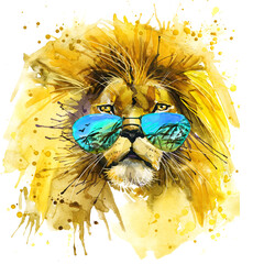 Wild Lion hipster design. Leo watercolor illustration