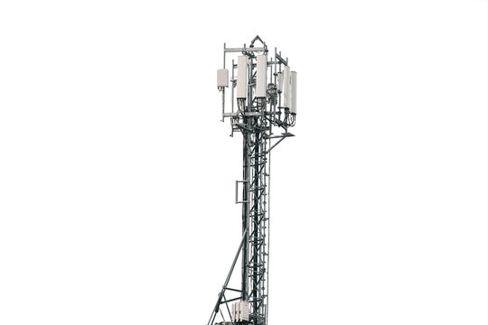 Close-Up of Isolated Telecommunication Tower with Cellular Antennas for 4G and 5G Connection. Cellular antenna repeater tower.