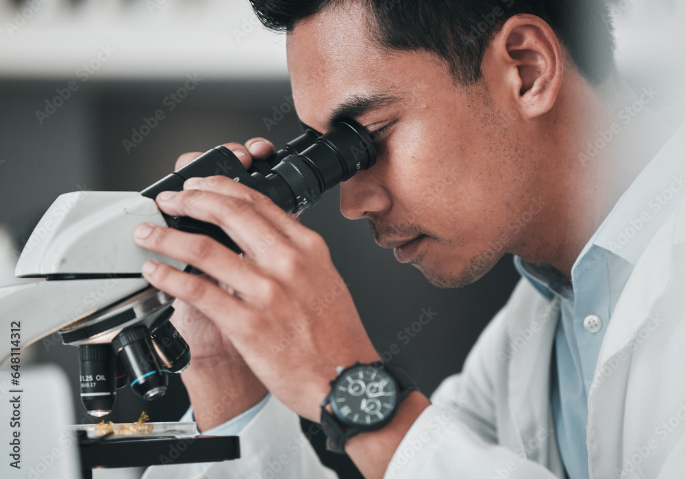 Poster Scientist, man and microscope for science research, data analysis and DNA investigation with laboratory technology. Professional doctor or medical expert with lens check for particles inspection