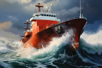 Foto op Plexiglas Schipbreuk A cargo or fishing ship is caught in a severe storm. Ship at sea on big waves. The threat of shipwreck. Element in the ocean. The hard work of a sailor.