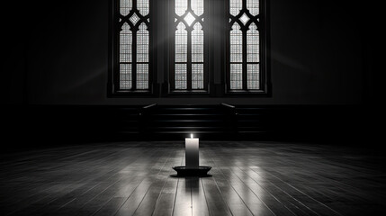 Lit candle on the floor of a church. Black and white photography