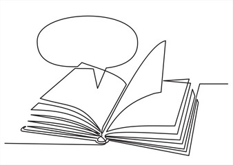 Continuous one line drawing open book with bubble for text. Vector illustration on white background.