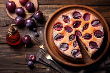 Homemade plum pie on rustic background, Top view - obrazy, fototapety, plakaty
