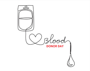 World blood donor day. June,14. One continuous single line of blood donation bag with tube shaped a pulls and heart isolated on white background.