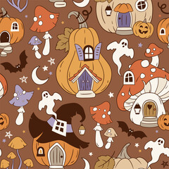 Hand drawn seamless vector pattern with fairy Halloween pumpkin homes, cute mushroom houses, bat, ghost, mushroom, moon and stars. Perfect for textile, wallpaper or print design.