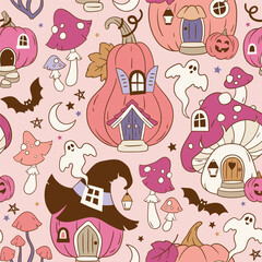 Hand drawn seamless vector pattern with fairy Halloween pumpkin homes, cute mushroom houses, bat, ghost, mushroom, moon and stars. Perfect for textile, wallpaper or print design.