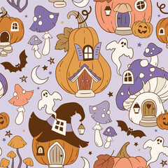 Hand drawn seamless vector pattern with fairy Halloween pumpkin homes, cute mushroom houses, bat, ghost, mushroom, moon and stars. Perfect for textile, wallpaper or print design.