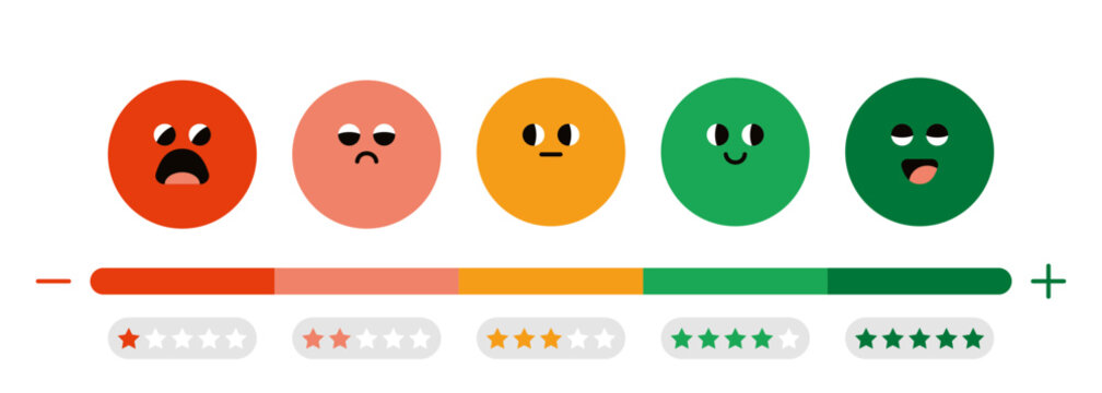 Naklejki Cute customer satisfaction scale, Feedback concept. Includes such emoticon as angry, sad, neutral, joy and happy. Customer's service and evaluation review sign. Trendy vector cartoon illustartions