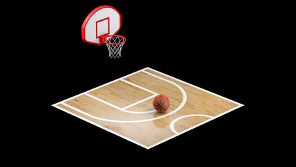 Tiny basketball half court with ball and hoop. 3d rendering.