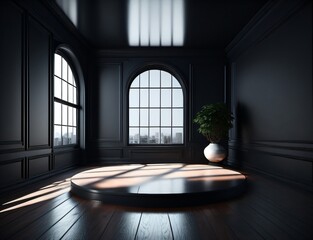 Fototapeta premium empty gallery interior room black with circle podium made with Generative AI