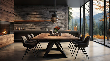 Modern Dining Room Design, Wooden Table and Black Chairs 3D Visualization