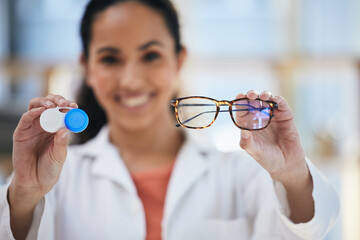 Hands, glasses and contact lenses, woman with choice of eye care and help with optometry, vision...