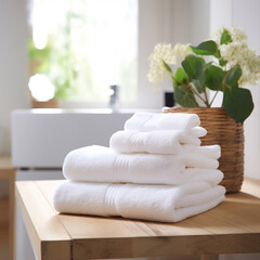Fototapeta na wymiar Stack of clean white towels in bathroom.