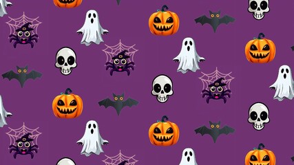 purple pattern background,halloween,spider,ghost,bat,skull