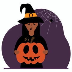 A woman in a costume for the celebration of halloween. Poster for Happy Halloween celebration. Vector flat illustration