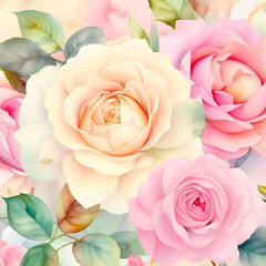 Pastel watercolor rose flowers with stems and leaves. Watercolor art background.