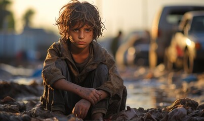 A portrait of a young boy, wet and dirty, sitting amidst the aftermath of a devastating flood. His sad and frightened expression tells a story of innocence lost in the waterlogged city. - obrazy, fototapety, plakaty