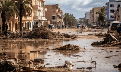 A scene of utter devastation in Derna, Libya, after a catastrophic flood. Submerged cityscape, damaged buildings, and muddy waters tell the story of a disaster. - obrazy, fototapety, plakaty