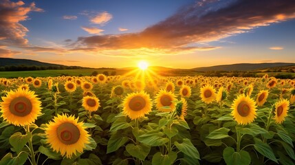 Obraz premium a field of sunflowers with the sun setting in the background. generative ai