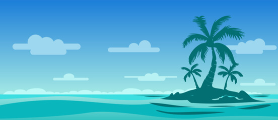 Fototapeta na wymiar vector flat tropical landscape of a small island with a palm tree as a banner on a colorful background