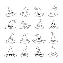 Set of witch hats in black and white style. Coloring book for children. Cartoon witch hats, Halloween party costume elements. Halloween witchcraft party collection