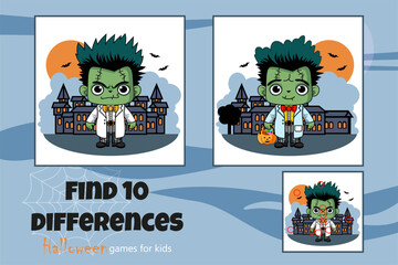 Find 10 differences, cute Frankinstein, Halloween party, Mini games for children. Mini games for preschoolers, developmental and educational games for kids. Black and white