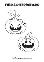 Find the 5 Differences Cute Pumpkin Halloween Party Mini Games for Kids Coloring Book for Kids. Mini games for preschoolers, educational and educational games for toddlers. Black and white