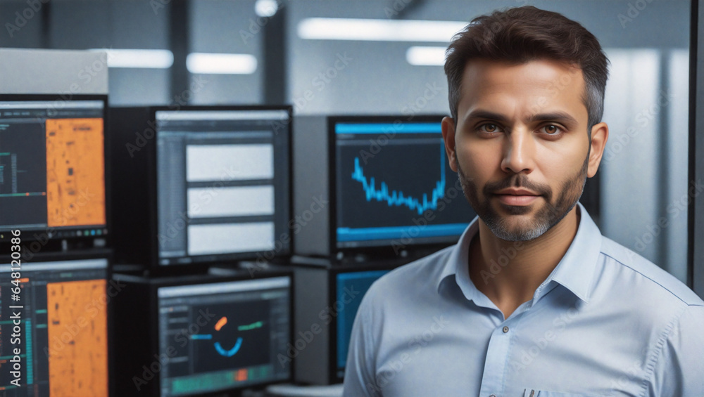 Poster businessman in data center, cloud computing innovation, server-based solutions..