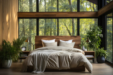 Bedroom with large panoramic windows  - obrazy, fototapety, plakaty
