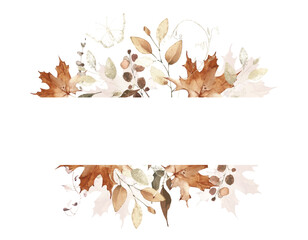 Watercolor rectangle frame on white background. Orange and beige autumn wild flowers, branches, maple leaves and twigs