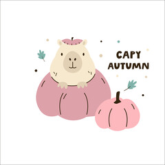 Vector illustration of a cute capybara sitting in a pumpkin.
