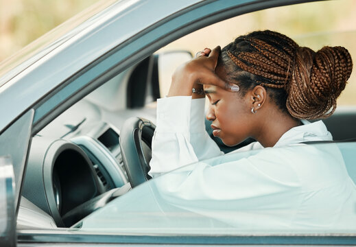 Black woman, car problem or headache stress on road for auto repair service insurance to travel. Anxiety, stuck transport or depressed driver frustrated by engine in accident or emergency crisis