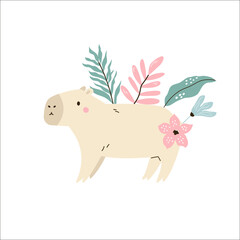 Funny capybara sitting in a jungle. Vector illustration of cute rodent animal