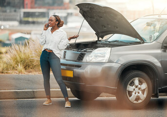 Car problem, phone call or frustrated black woman late for work from engine crisis on road....