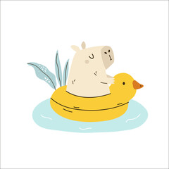 Vector illustration of a funny capybara sitting inside a duck floating ring