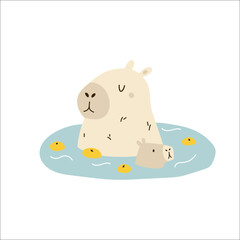 Vector illustration of a capybara family mother and child swimming in the pond