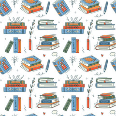 Seamless pattern with colourful books. Educational Vector illustration. Stack of books, vase, vertical books, pen. Reading books concept. World book day. Minimalism, line art