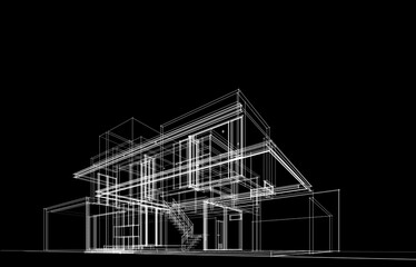 Architectural drawing of modern house 3d rendering