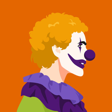 male clown face in profile. side view of people face. concept of halloween, circus. avatar. flat vector illustration.