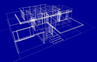 Architectural drawing of modern house 3d rendering