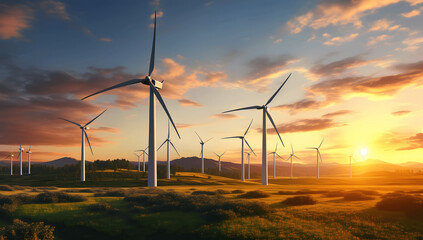 Obraz premium Group of windmills for electric power production in the green field at sunset - Sustainable and Green energy concept