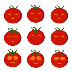 Tomato vector illustration set, flat tomato illustration with different facial expression  vector set collection isolated on a white background, tomato kids illustration