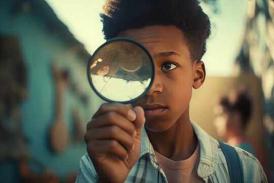 Black young boy looking magnifier. Generate Ai