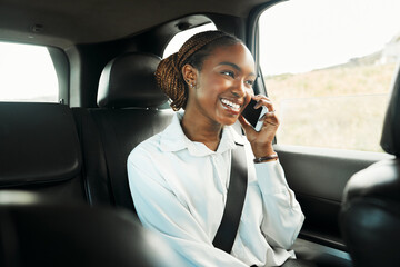 Smile, phone call and a business black woman a taxi for transport or ride share on her commute to...
